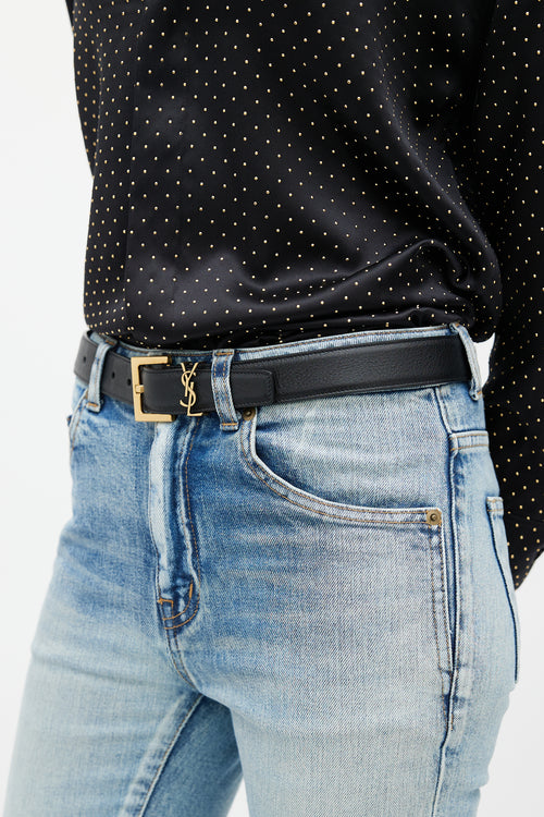 Saint Laurent Black & Gold Cassandre Leather Belt