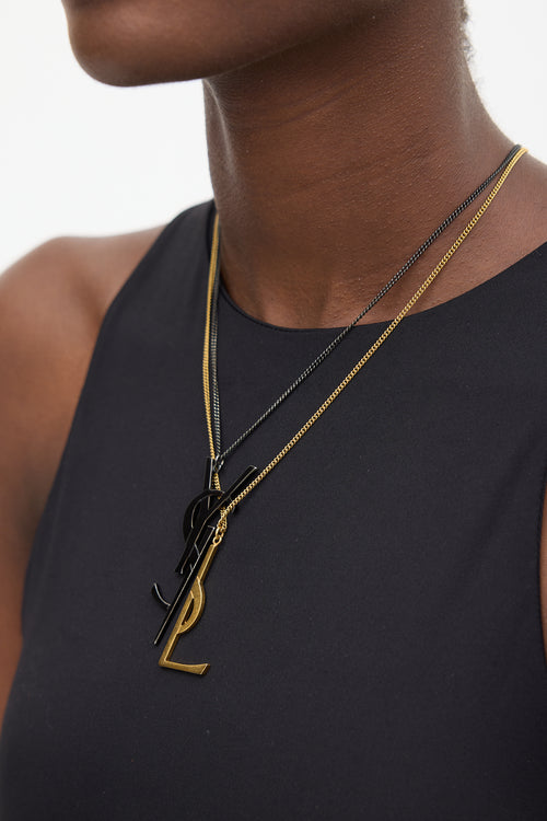 Saint Laurent Black & Gold Layered Logo Necklace