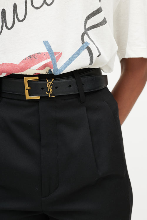 Saint Laurent Black Leather & Gold Cassandre Logo Belt