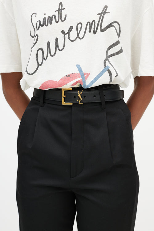 Saint Laurent Black Leather & Gold Cassandre Logo Belt