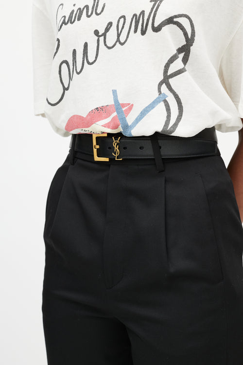 Saint Laurent Black Leather & Gold Cassandre Logo Belt