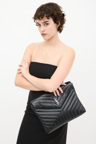 Black Leather Loulou Quilted Clutch