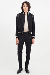 Saint Laurent // Black Leather Trim Teddy Varsity Jacket – VSP