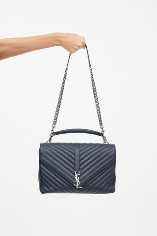 Saint Laurent Navy Leather Chevron Large College Shoulder Bag