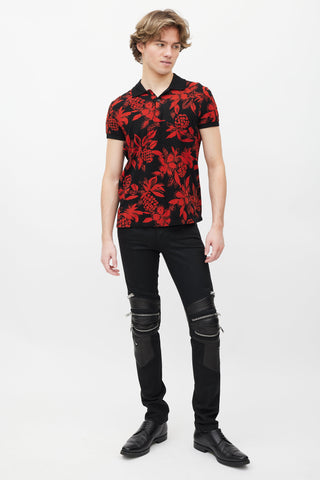 Saint Laurent Black & Red Floral Polo Shirt