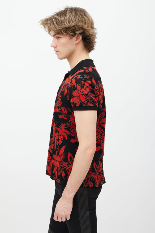 Saint Laurent Black & Red Floral Polo Shirt