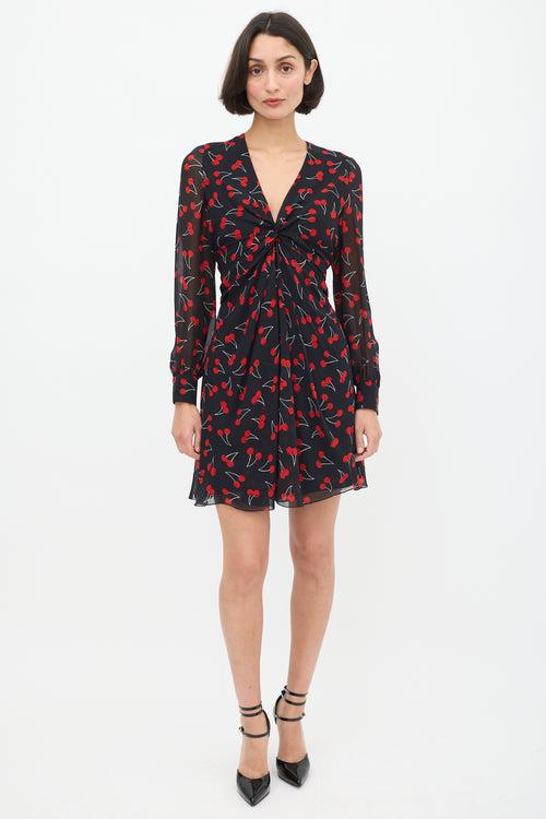 Saint Laurent Black & Red Silk Printed Twisted Front Dress