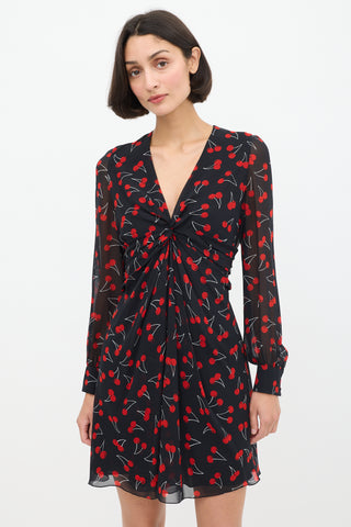 Saint Laurent Black & Red Silk Printed Twisted Front Dress