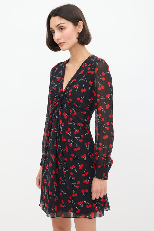 Saint Laurent Black & Red Silk Printed Twisted Front Dress