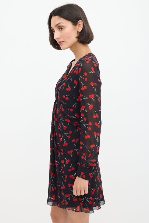 Saint Laurent Black & Red Silk Printed Twisted Front Dress