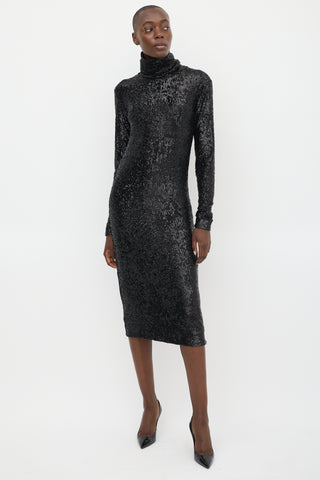 Saint Laurent Black Sequin Turtleneck Midi Dress