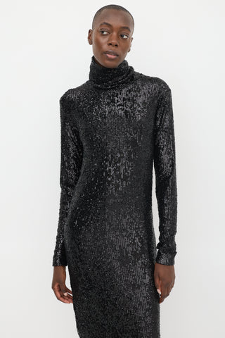 Saint Laurent Black Sequin Turtleneck Midi Dress