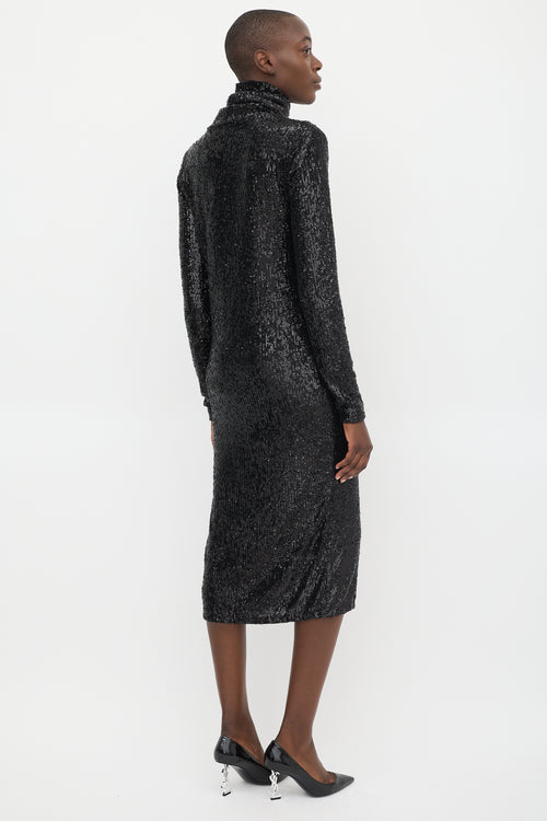 Saint Laurent Black Sequin Turtleneck Midi Dress