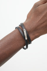Saint Laurent Black & Silver Leather Logo Wrap Bracelet