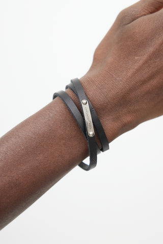 Saint Laurent Black & Silver Leather Logo Wrap Bracelet