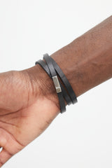 Saint Laurent Black & Silver Leather Logo Wrap Bracelet
