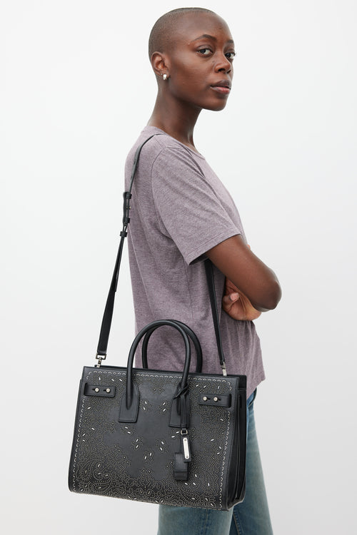 Saint Laurent Black & Silver Leather Studded Sac De Jour Bag