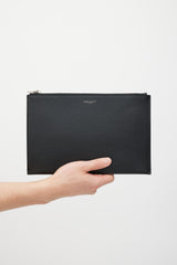 Saint Laurent Black & Silver Pebbled Leather Clutch
