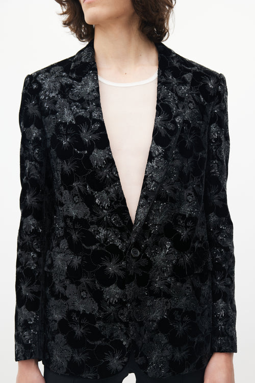 Saint Laurent Black Velvet Floral Sequin Blazer