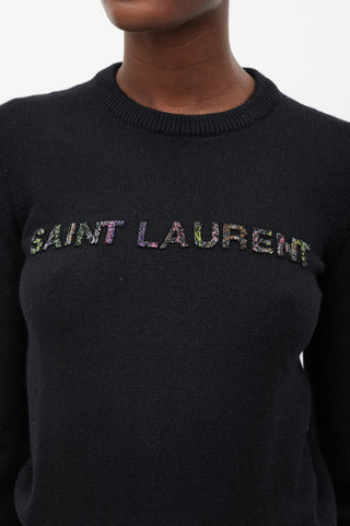 Saint Laurent Black Wool Beaded Logo Sweater