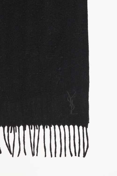 Saint Laurent Black Wool Embroidered Logo Fringe Scarf