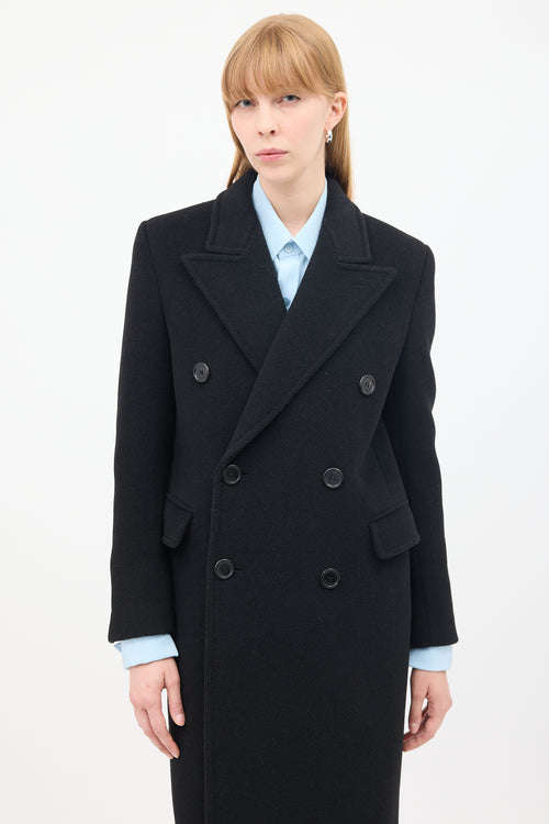 Saint Laurent Black Wool Tweed Double Breasted Long Coat