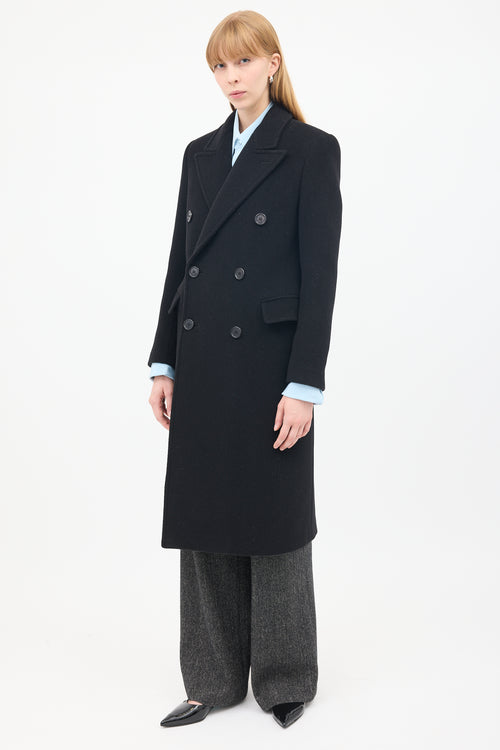 Saint Laurent Black Wool Tweed Double Breasted Long Coat