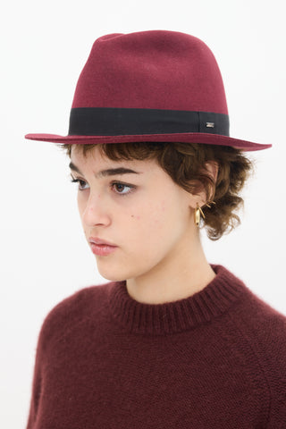 Saint Laurent Burgundy & Black Felt Fedora Hat