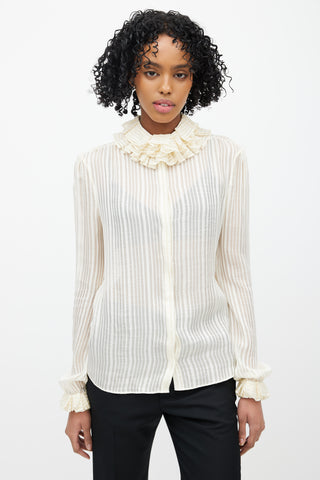 Saint Laurent Cream & Gold Metallic Silk Ruffled Shirt