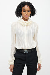 Saint Laurent Cream & Gold Metallic Silk Ruffled Shirt