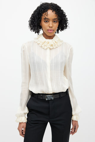 Saint Laurent Cream & Gold Metallic Silk Ruffled Shirt