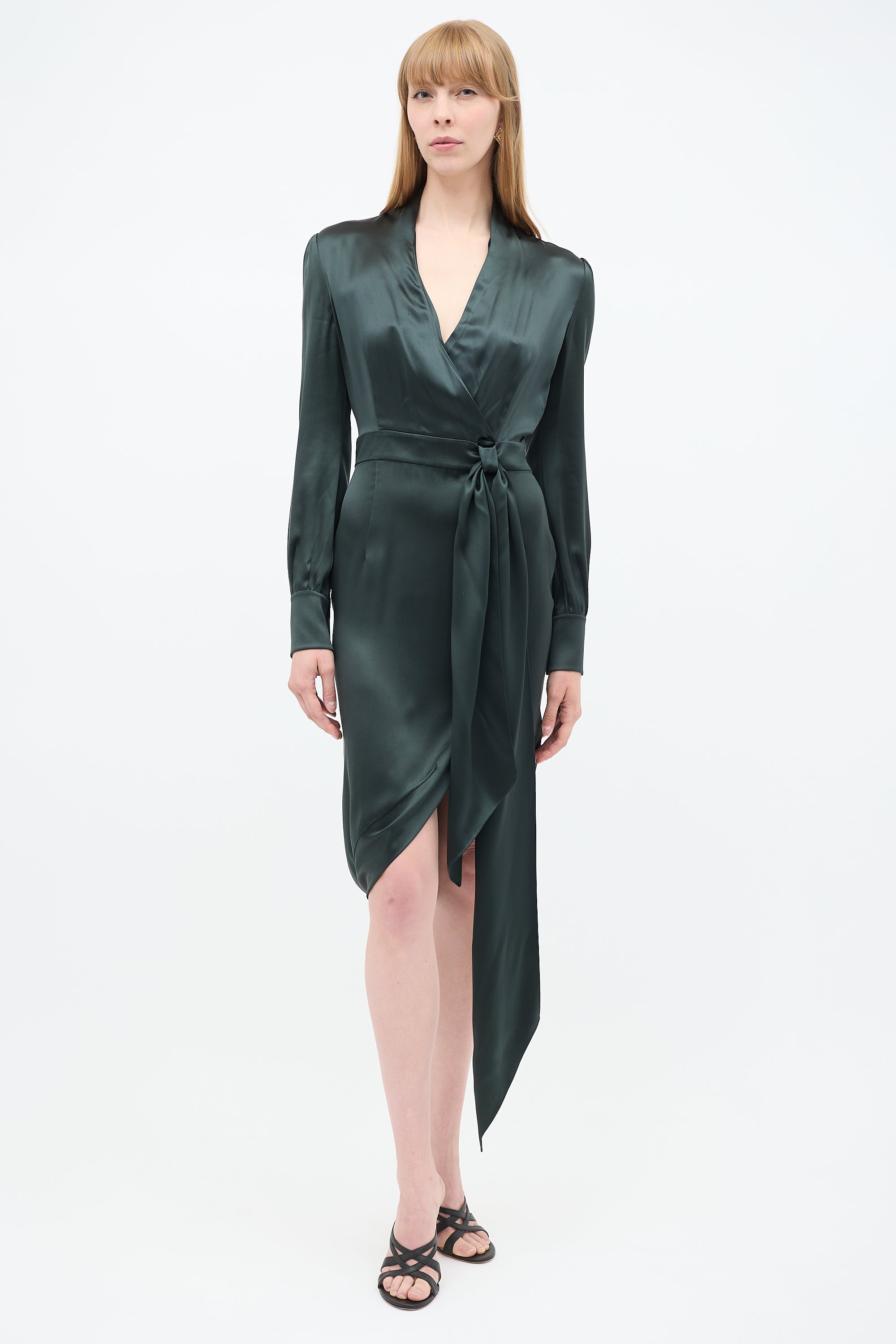 Saint Laurent // Dark Green Silk Belted Dress VSP Consignment Saint Laurent // Dark Green Silk Belted Dress VSP Consignment