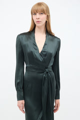 Saint Laurent Dark Green Silk Belted Dress