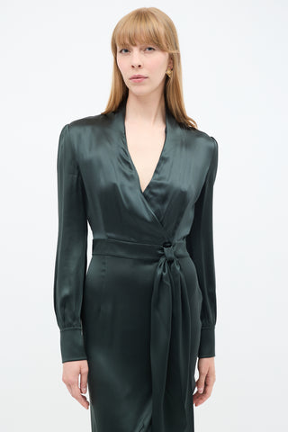 Saint Laurent Dark Green Silk Belted Dress