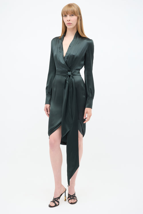 Saint Laurent Dark Green Silk Belted Dress