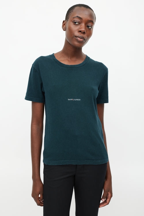 Saint Laurent Dark Teal Cotton Distressed Logo T-Shirt
