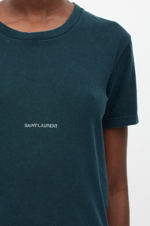Saint Laurent Dark Teal Cotton Distressed Logo T-Shirt