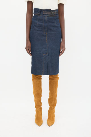 Saint Laurent Dark Wash Denim Contrast Stitch Skirt