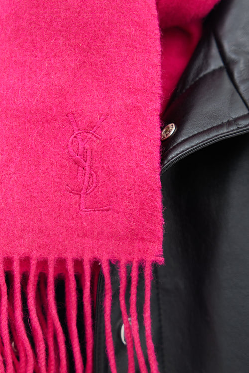 Saint Laurent Fuchsia Embroidered Logo Fringe Scarf