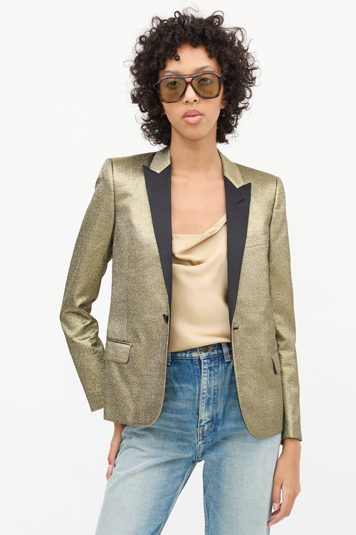 Saint Laurent Gold & Black Satin Peak Lapel Blazer