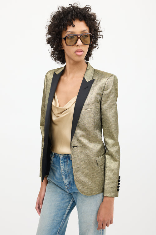 Saint Laurent Gold & Black Satin Peak Lapel Blazer