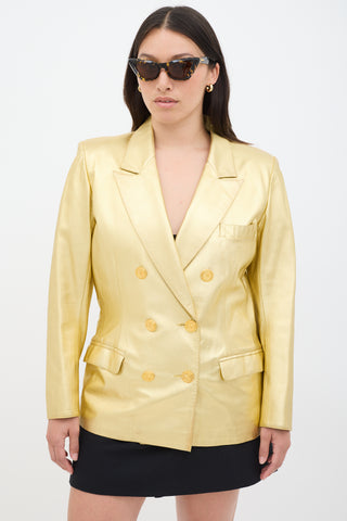 Saint Laurent Gold Metallic Leather Double Breasted Blazer