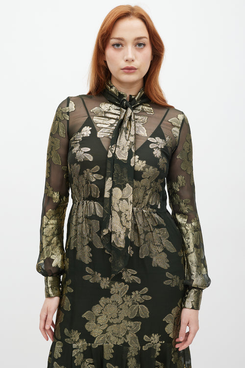 Green & Gold Silk Metallic Floral Dress