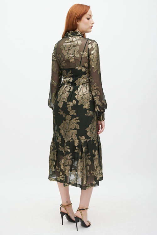 Green & Gold Silk Metallic Floral Dress