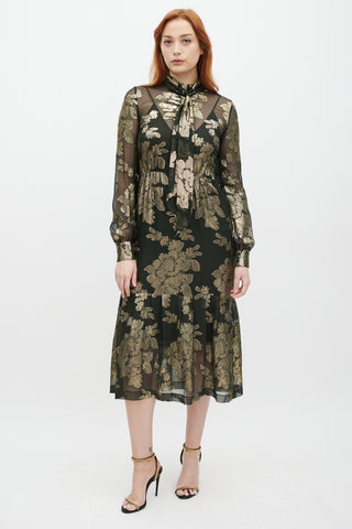 Saint Laurent Green & Gold Silk Metallic Floral Dress
