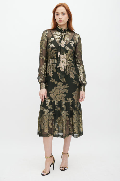 Saint Laurent Green & Gold Silk Metallic Floral Dress