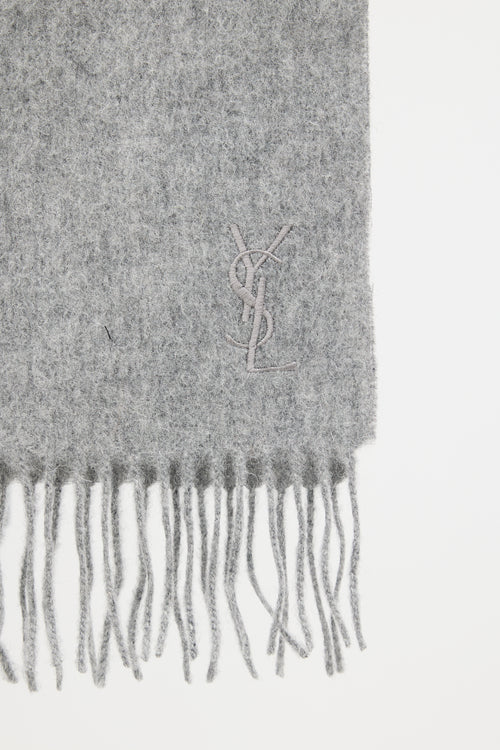 Saint Laurent Grey Wool Logo Fringe Scarf