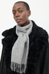 Saint Laurent Grey Wool Logo Fringe Scarf