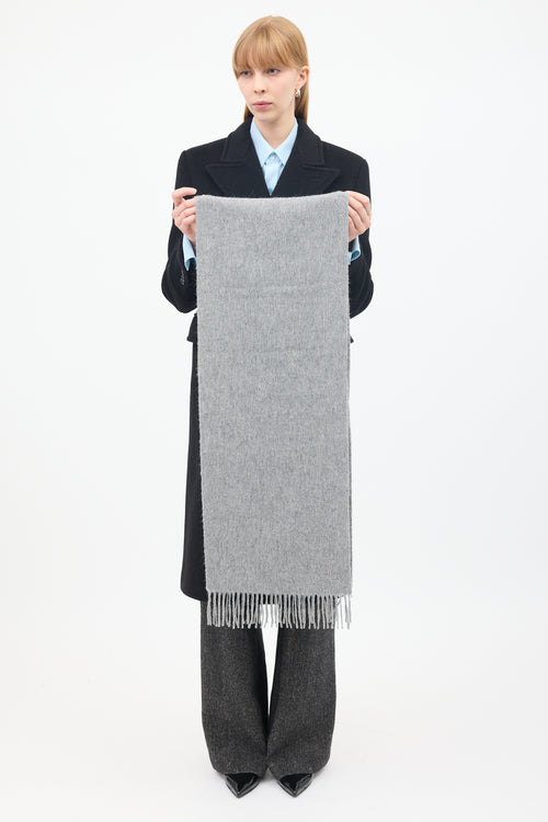 Saint Laurent Grey Wool Logo Fringe Scarf