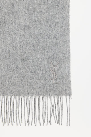 Saint Laurent Grey Wool Logo Fringe Scarf